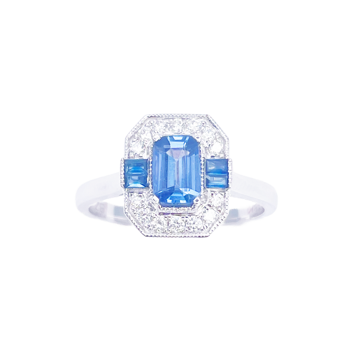 Bague halo en or 18 carats avec saphir naturel et diamants, taille ronde et émeraude, 1.00 carat