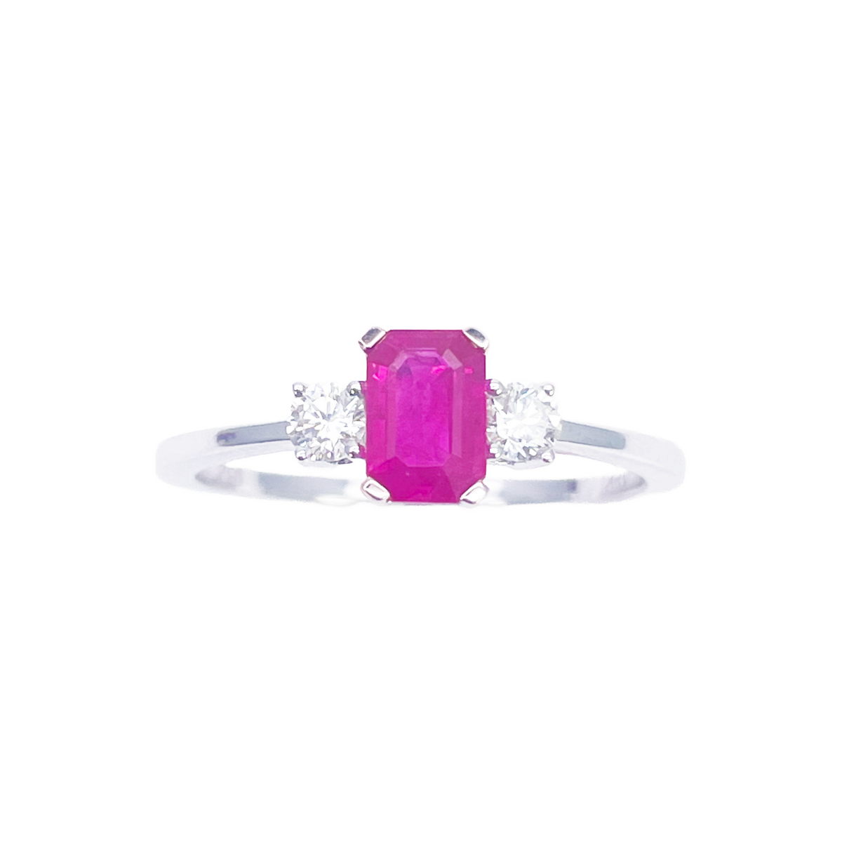 18 Karat Gold Rubin Diamant Ring Natürlicher runder & Smaragdschliff Dreistein 0,75ct