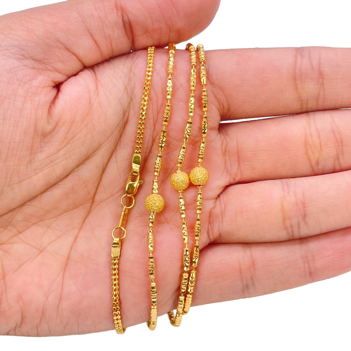 22ct Yellow Gold Triple Row Layered Necklace Diamond Cut Textured Bead Design