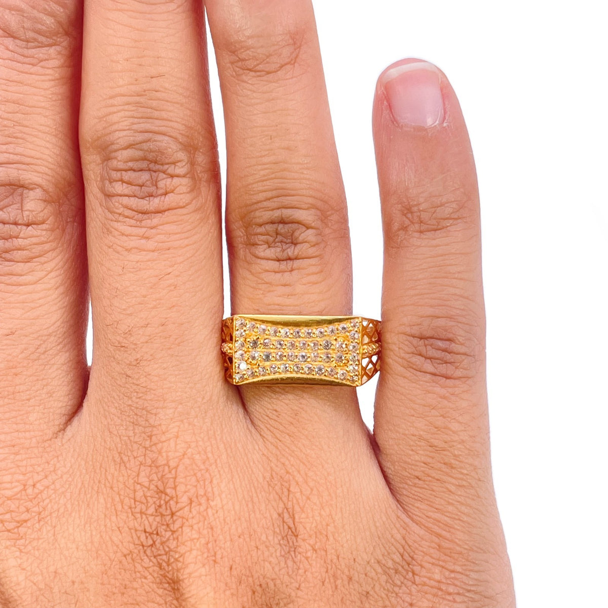 22ct Yellow Gold Cubic Zirconia Signet Ring Cluster Set Lattice Shoulders
