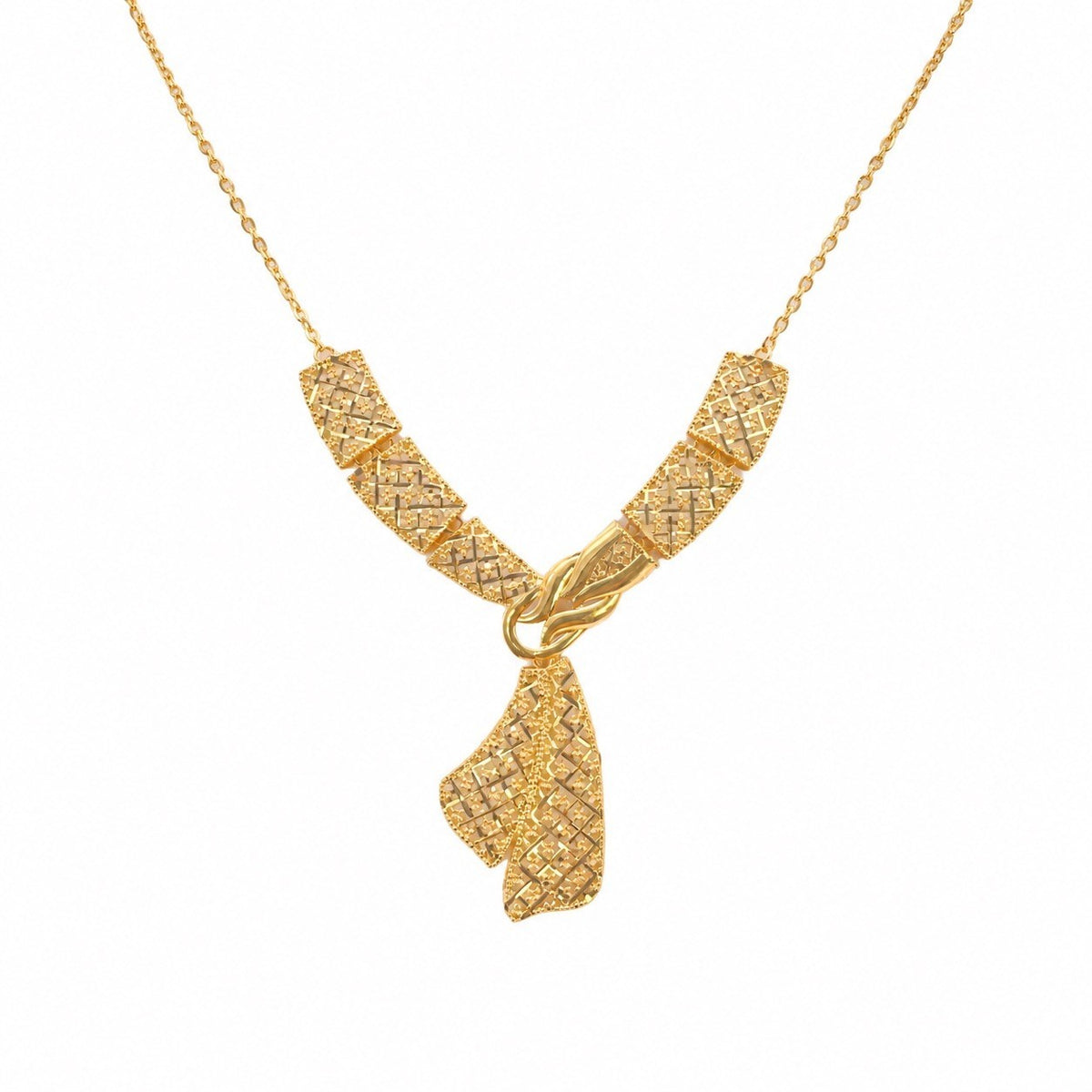 22ct Yellow Gold Scarf Knot Necklace & Earring Set Textured Panels