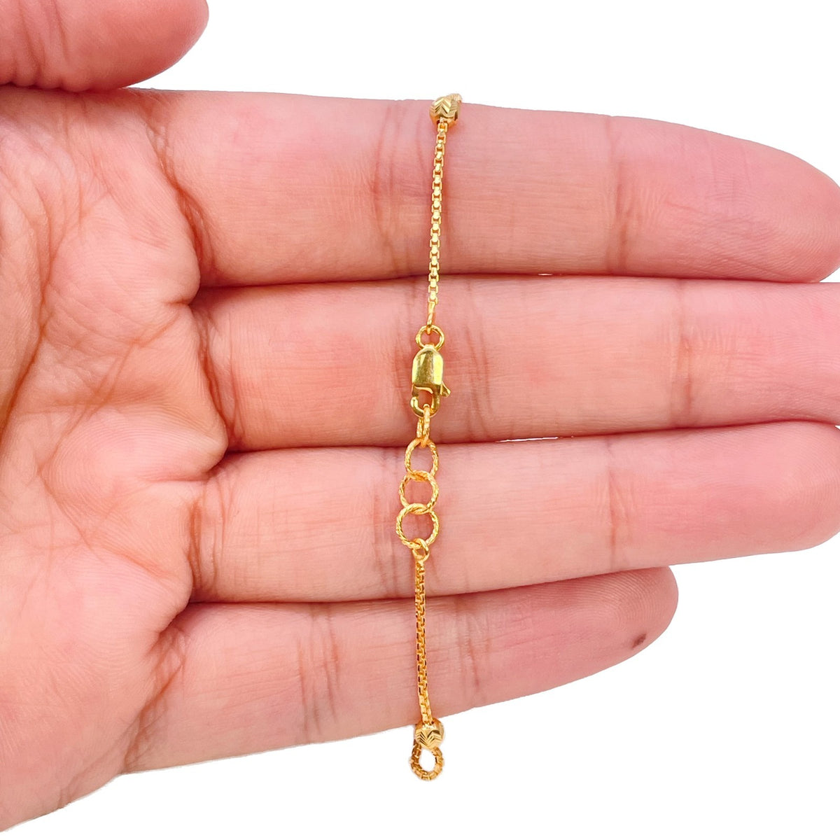 22ct Yellow Gold Two Tone Station Bracelet Diamond Cut Beads Box Chain 7.5 Inch