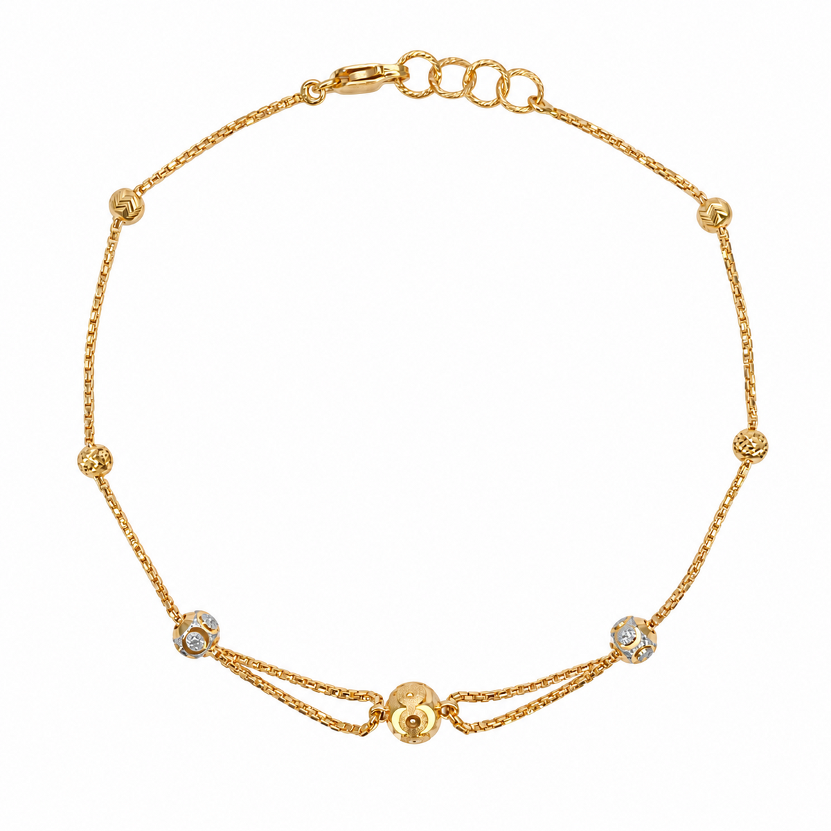 22ct Yellow Gold Two Tone Station Bracelet Diamond Cut Beads Box Chain 7.5 Inch