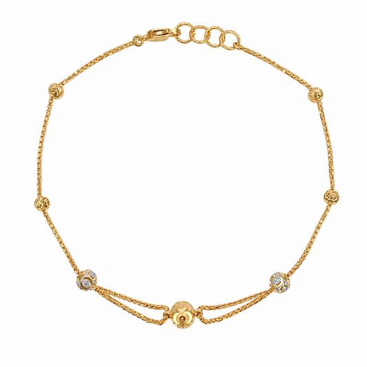 22ct Yellow Gold Two Tone Station Bracelet Diamond Cut Beads Box Chain 7.5 Inch