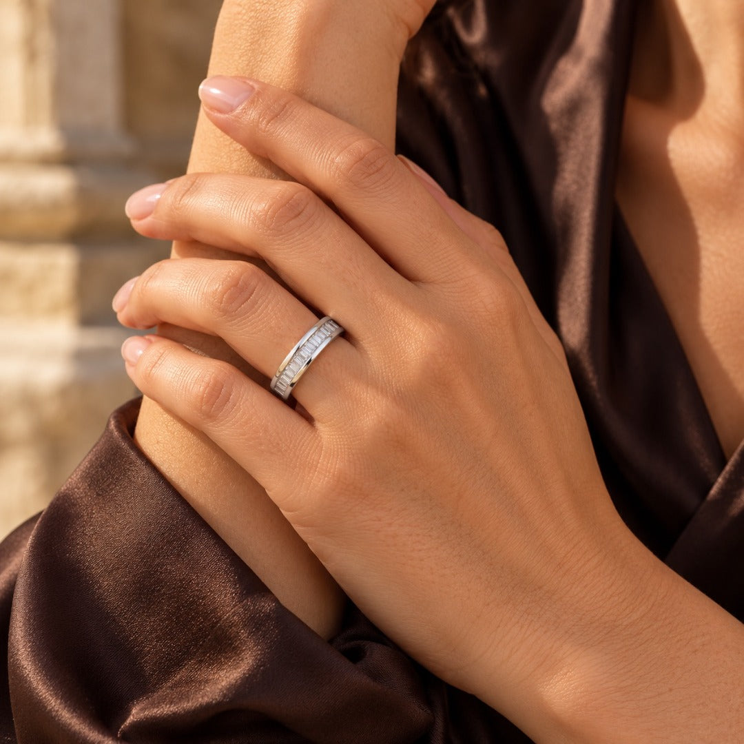 18ct white gold baguette diamond half eternity ring by Raina Jewels