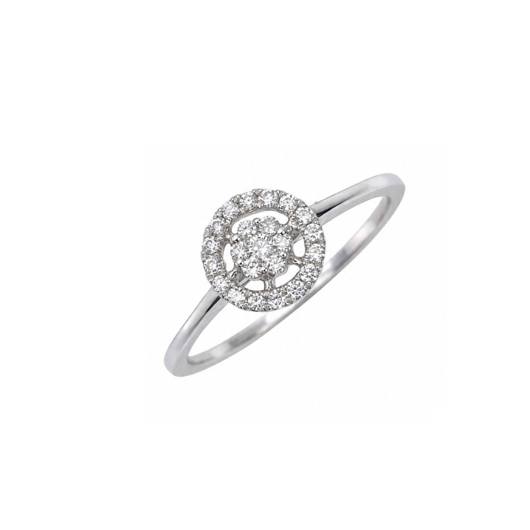 18ct white gold dainty diamond cluster ring, 1mm band, side view