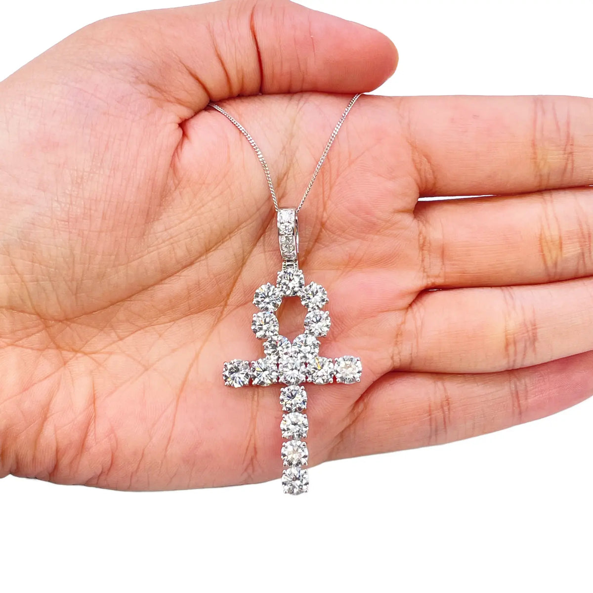 9ct White Gold Round Lab-Grown Diamond Egyptian Ankh Pendant 7.44ct (52x25mm) 