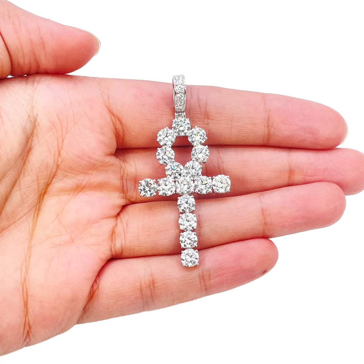 9ct White Gold Round Lab-Grown Diamond Egyptian Ankh Pendant 7.44ct (52x25mm) 