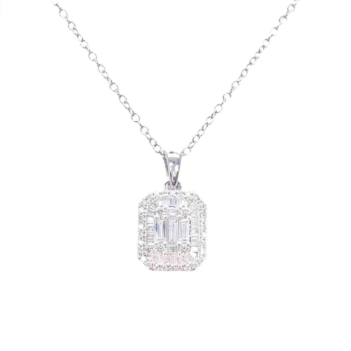 9ct White Gold & Natural Round & Baguette Diamonds Pendant Necklace 0.50ct 