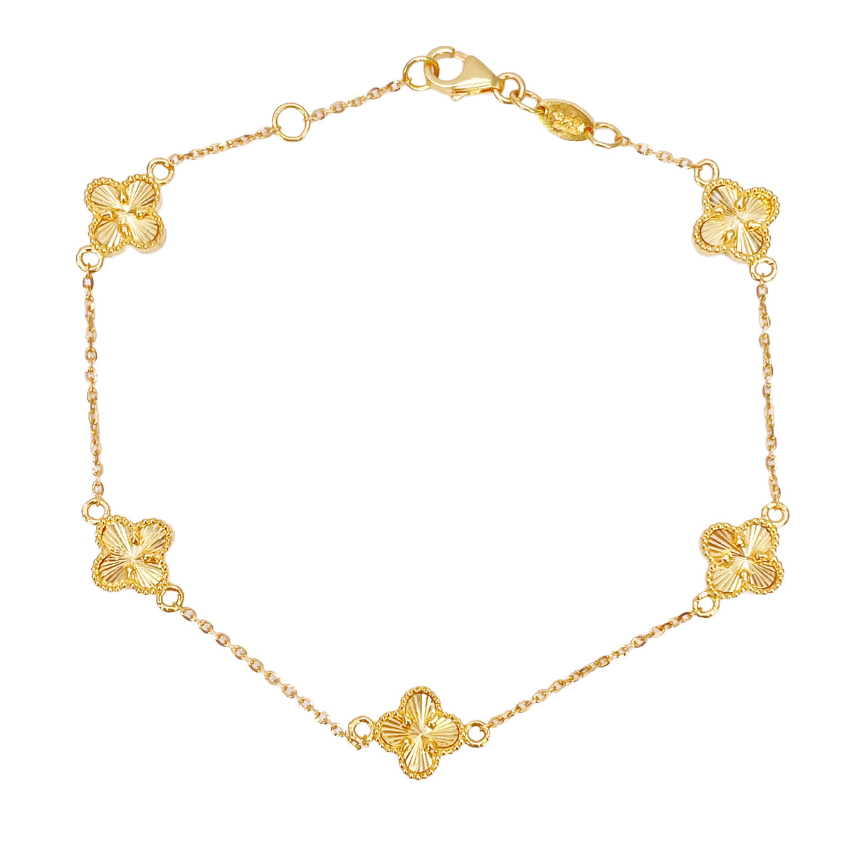 22 kt gult guld 5 blomster kløver diamant skåret armbånd 7,5 tommer
