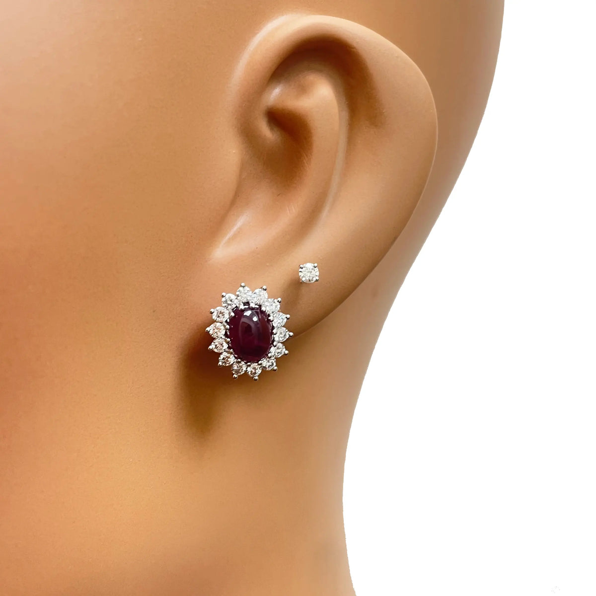 Platinum Cabochon Ruby & Diamond Oval Cluster Earrings 5.60ct GIA Certificate 