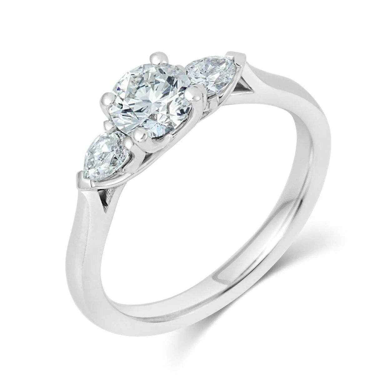 Platinum Round & Pear Natural Diamond Claw Set Trilogy Ring 0.75ct GIA Certified  Diamond Ring