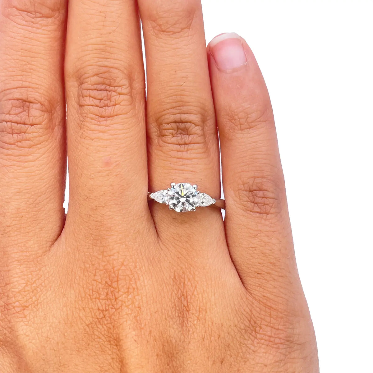 Platinum Round & Pear Natural Diamond Claw Set Trilogy Ring 0.95ct GIA Certified  Diamond Ring