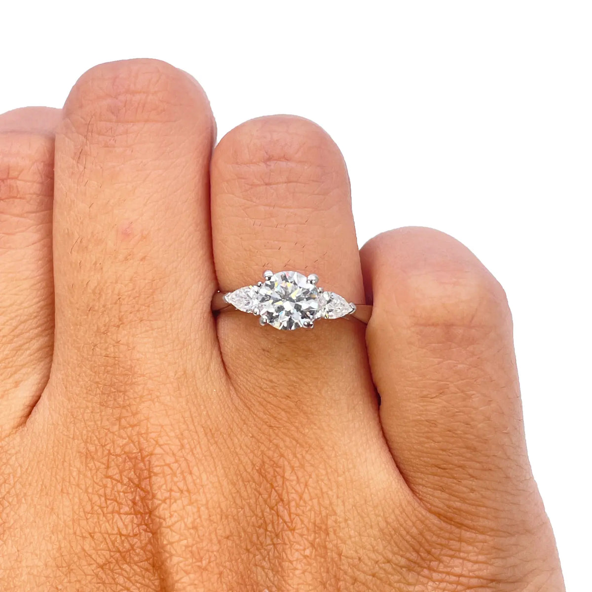 Platinum Round & Pear Natural Diamond Claw Set Trilogy Ring 0.95ct GIA Certified  Diamond Ring