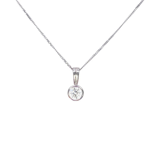 Round Natural Diamond Solitaire Bezel Rubover Set Pendant & Chain 0.30ct GIA Certified 