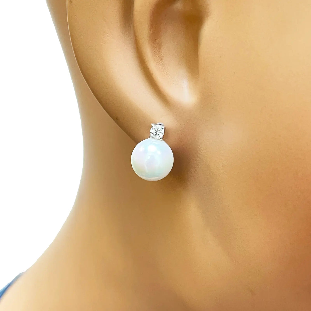 14ct White Gold Freshwater Pearl & Diamond Drop Pair Earrings 0.22ct 