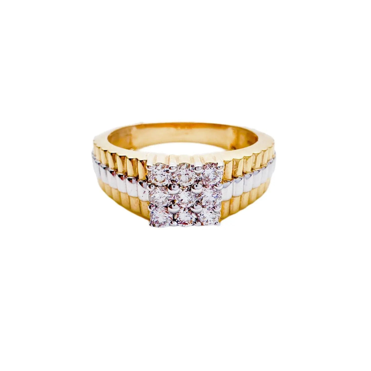 18Ct Yellow Gold Diamond 9 Stone Men's Ring Bi-Colour Ribbed Shank 0.50cts G/SI 