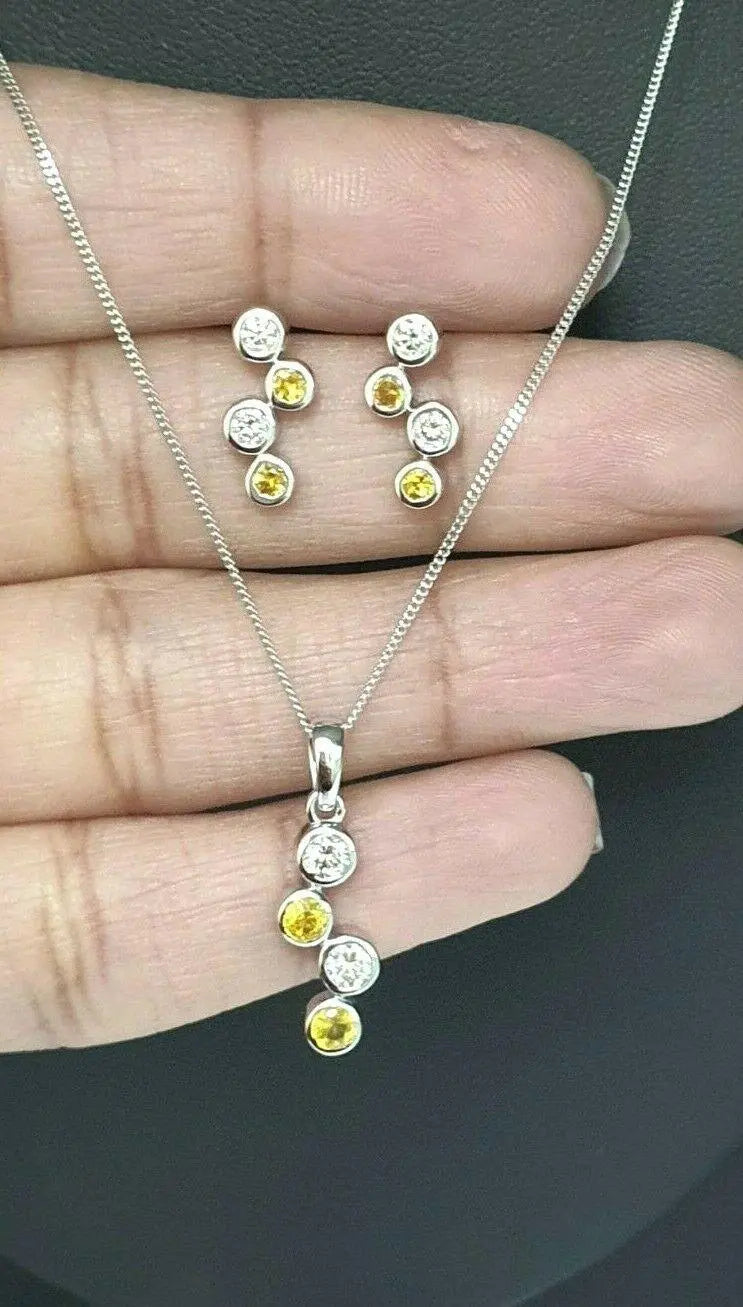 18K White Gold Yellow Sapphire & Diamonds Rubover Pendant Earrings chain 1.20cts 