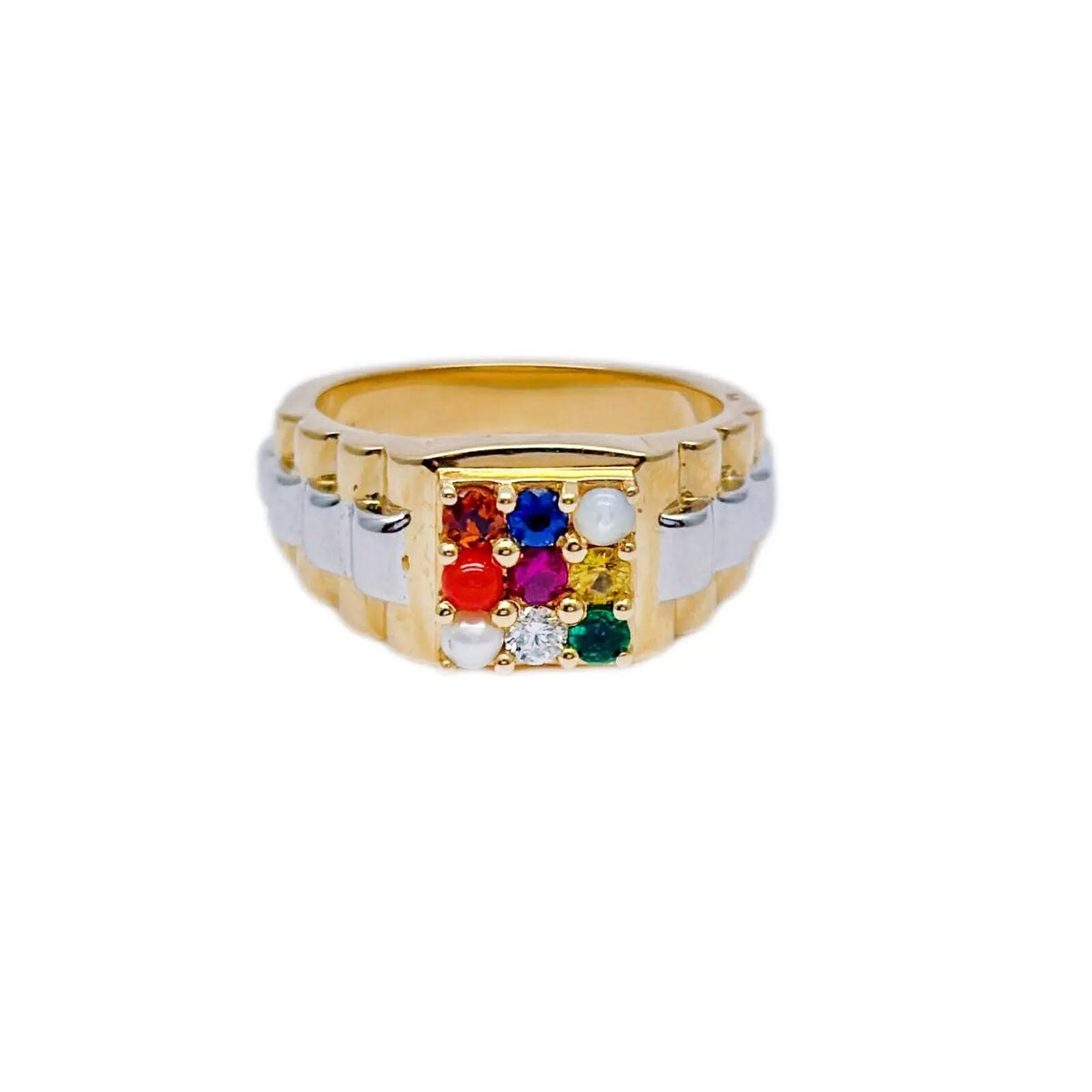 18K Yellow Gold 9 Gemstone Navratna Mens Ring with Diamond and Pearl 1.00ct 