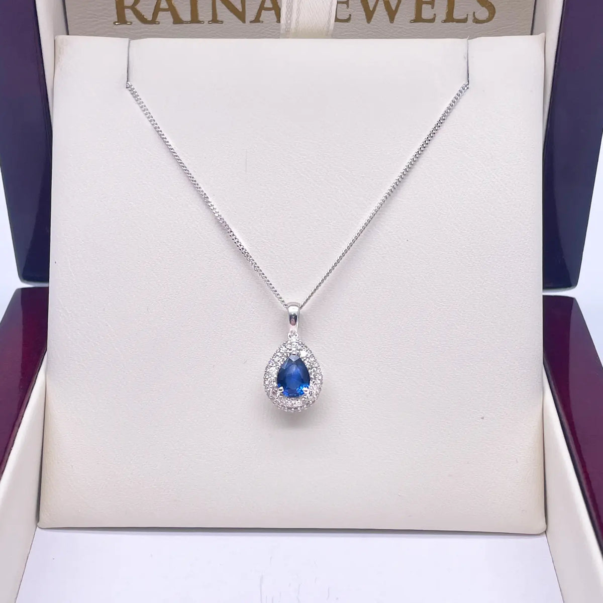 18ct White Gold Double Row Halo Diamond Blue Sapphire Pear Pendant&Chain 0.32ct 