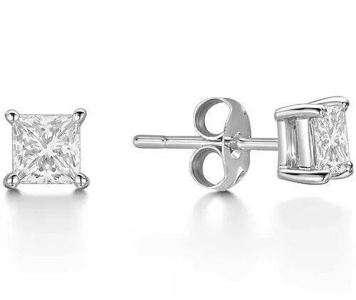 18ct White Gold Princess Cut Diamond 4-Claw Solitaire Studs 1.00ct GIA Certified 