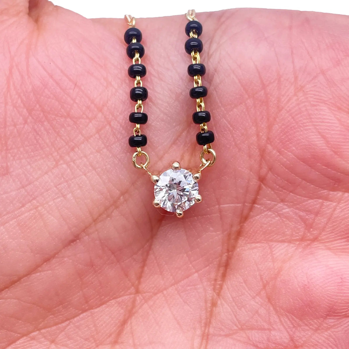 18ct Yellow Gold Lab Grown 6 Claw Diamond 0.70ct Black Beads Mangalsutra Necklace IGI Certified  Mangalsutra Chains