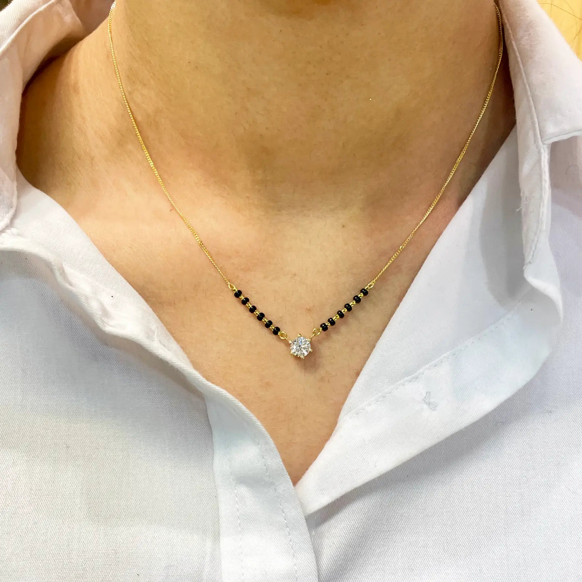 18ct Yellow Gold Lab Grown 6 Claw Diamond 0.70ct Black Beads Mangalsutra Necklace IGI Certified  Mangalsutra Chains