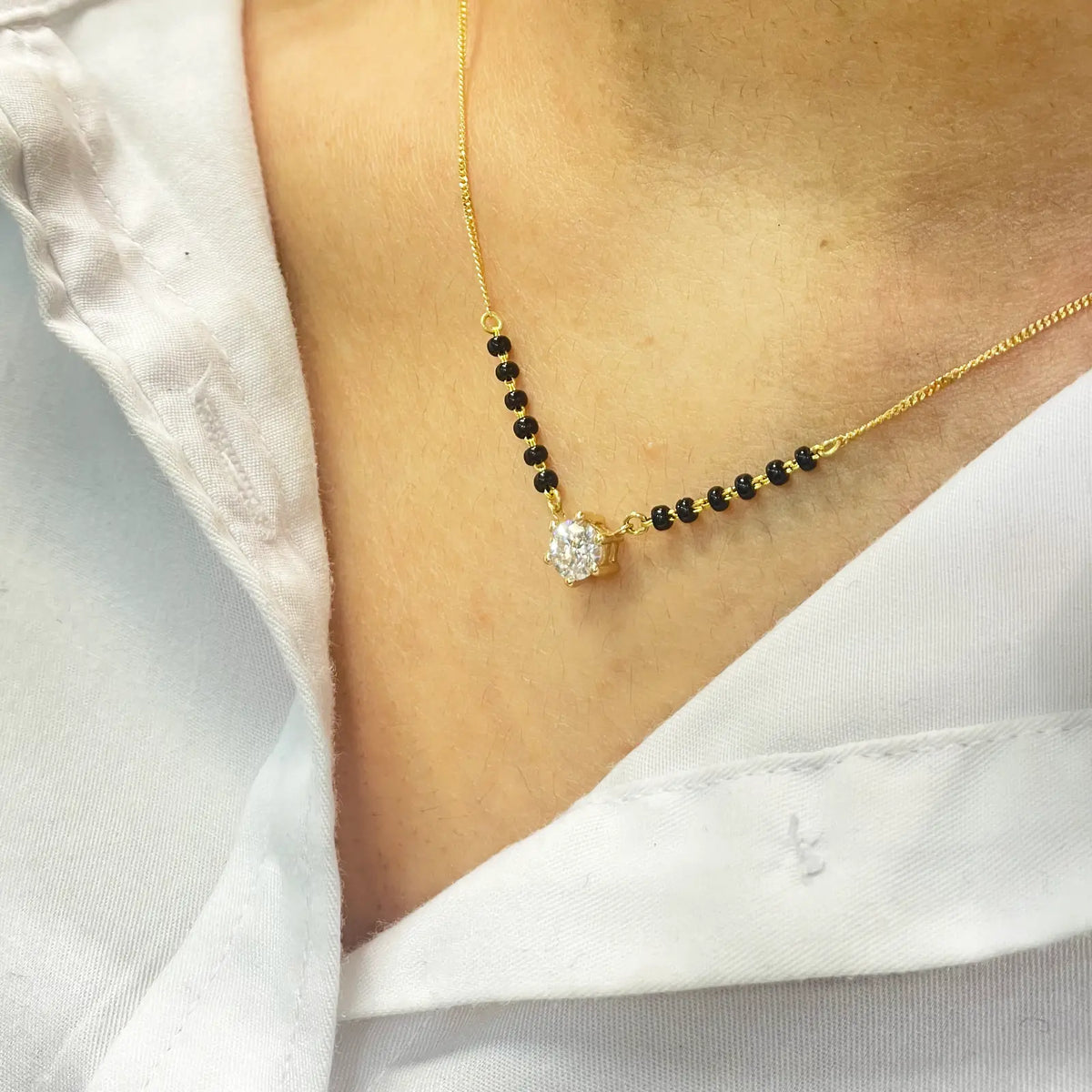 18ct Yellow Gold Lab Grown 6 Claw Diamond 0.70ct Black Beads Mangalsutra Necklace IGI Certified  Mangalsutra Chains