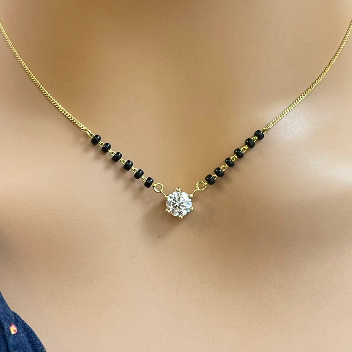 18ct Yellow Gold Lab Grown 6 Claw Diamond 0.70ct Black Beads Mangalsutra Necklace IGI Certified  Mangalsutra Chains