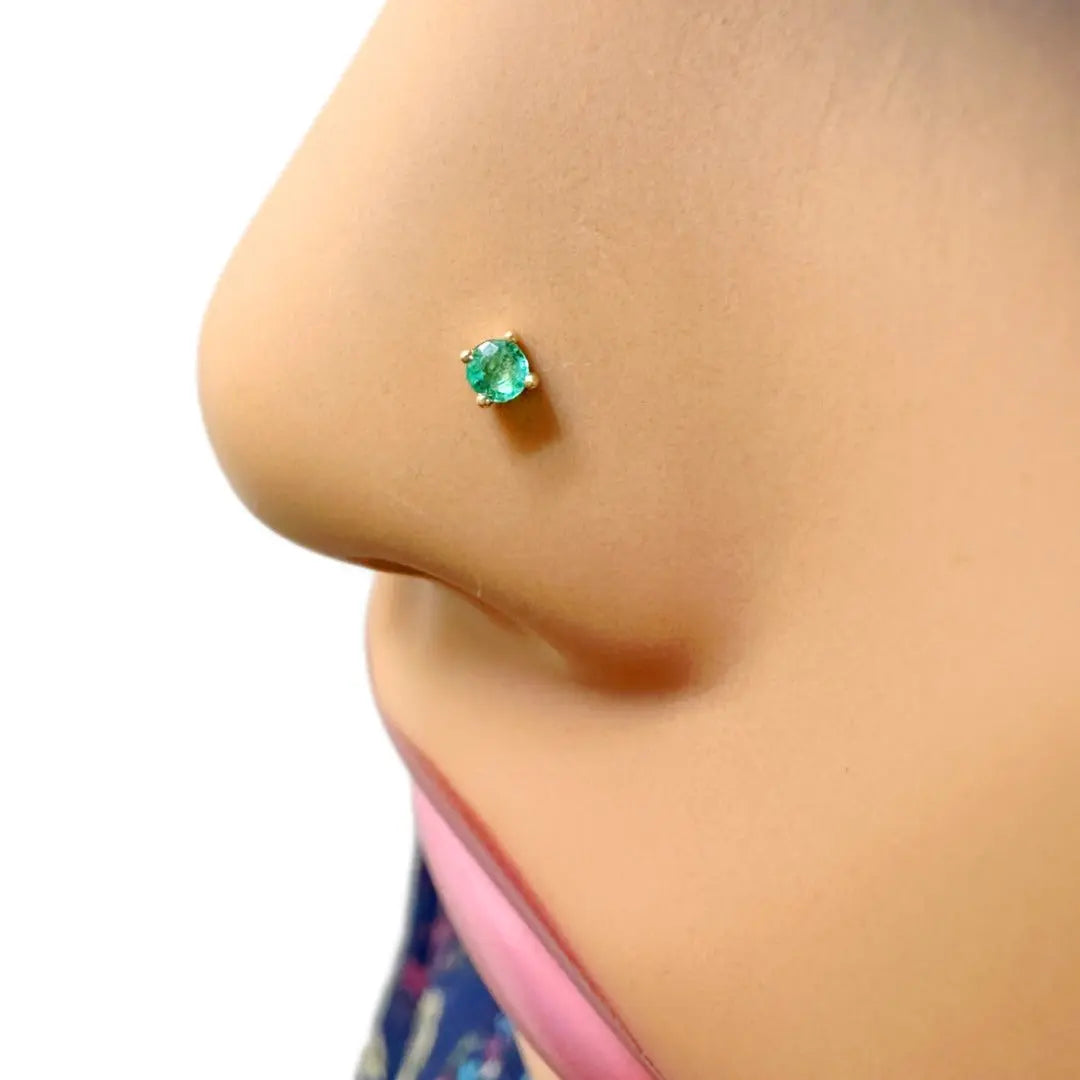 18ct Yellow Gold & Green Emerald Nose Stud / Nose Pin 0.05 Carats 4-Claw 2.0 mm 