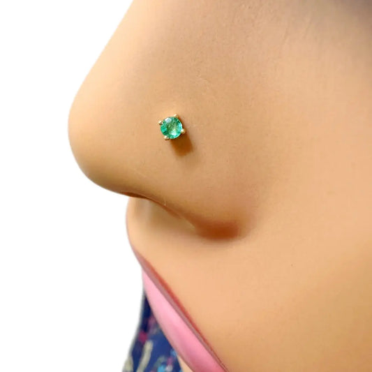 18ct Yellow Gold & Green Emerald Nose Stud / Nose Pin 0.05 Carats 4-Claw 2.0 mm 