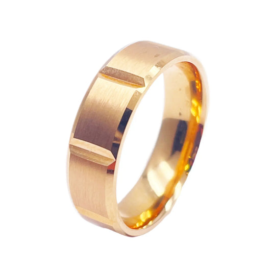 18ct Yellow Mens Wedding 6mm Band Fancy Square Matt Finish Bevelled Groove Edges 