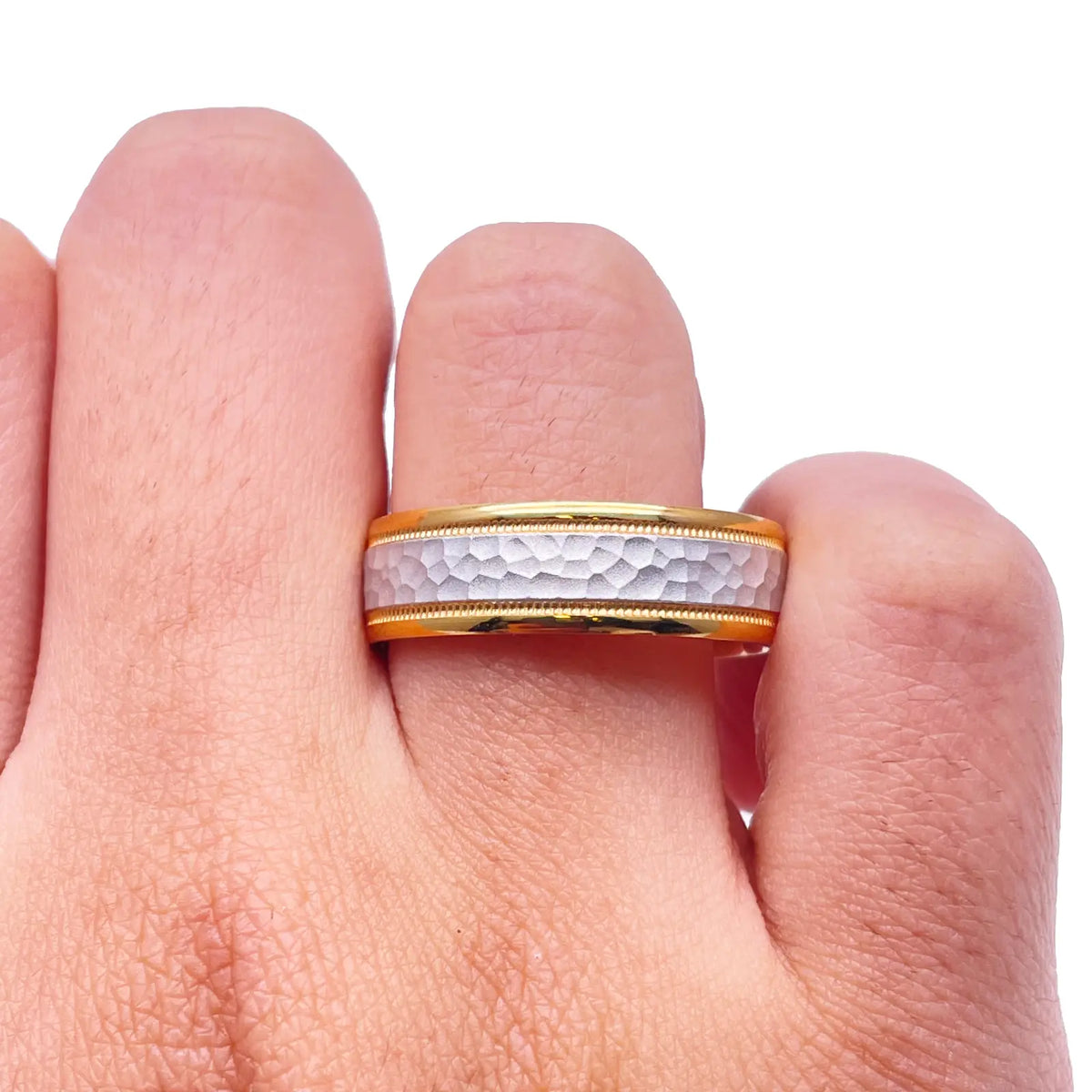 18ct Yellow/White Gold Bicolour Mens Wedding 6mm Band Hammered & Milgrain Middle 