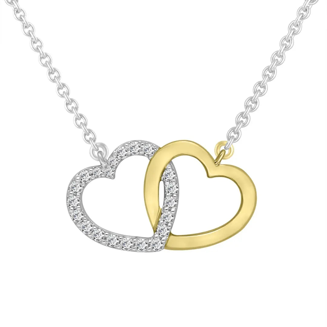 9ct Yellow Gold & Natural Diamonds Double Heart Pendant Necklace Chain 0.20cts 