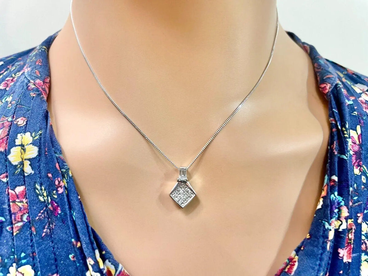 A Set of 18ct White Gold Princess Cut Diamond Invisible Set Stud Earrings & matching Princess Cut Diamond Invisible Set Kite Pendant on Chain Necklace 