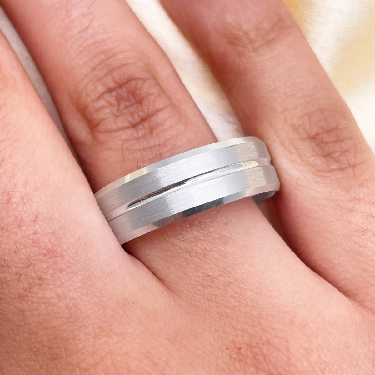 Mens Platinum Wedding Band 7mm Matt with Centre Groove & Bevelled Edges Heavy Weight  Platinum Ring